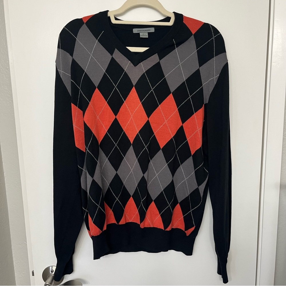Johnston & Murphy V-Neck Knit Sweater - Black, Orange, Gray